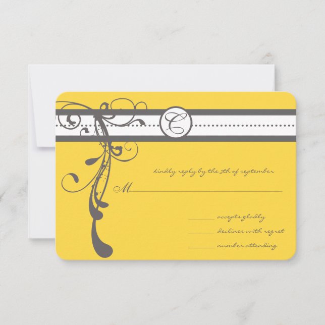 Charcoal Gray Swirls Bight Yellow Wedding RSVP (Front)