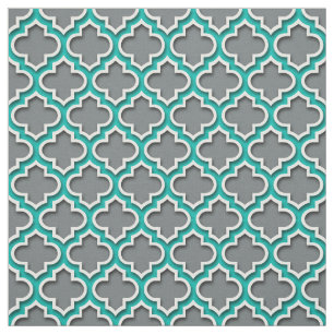 Charcoal Gray Teal White Moroccan Quatrefoil #5DS Fabric