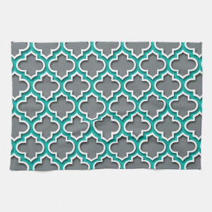 Charcoal Gray Teal White Moroccan Quatrefoil #5DS Kitchen Towel