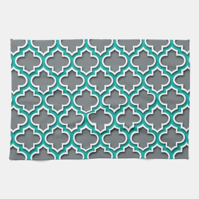 Charcoal Gray Teal White Moroccan Quatrefoil #5DS Kitchen Towel (Horizontal)