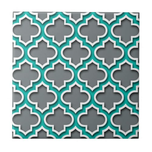 Charcoal Gray Teal White Moroccan Quatrefoil 5DS Tile