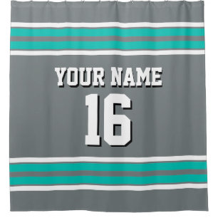 Charcoal Gray Teal White Stripes Sports Jersey Shower Curtain