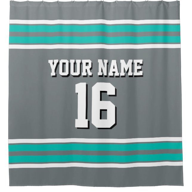 Charcoal Gray Teal White Stripes Sports Jersey Shower Curtain (Front)