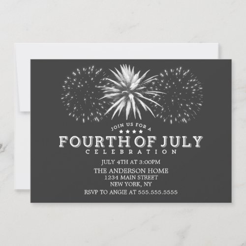 Charcoal Gray Vintage Fireworks 4th of July Party Invitation