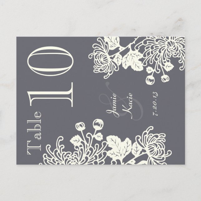 Charcoal Gray Vintage Floral Wedding Table Number (Front)