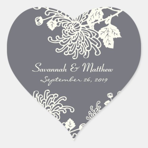Charcoal Gray Vintage Flowers Wedding Heart Seal