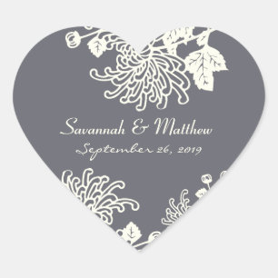 Charcoal Gray Vintage Flowers Wedding Heart Seal