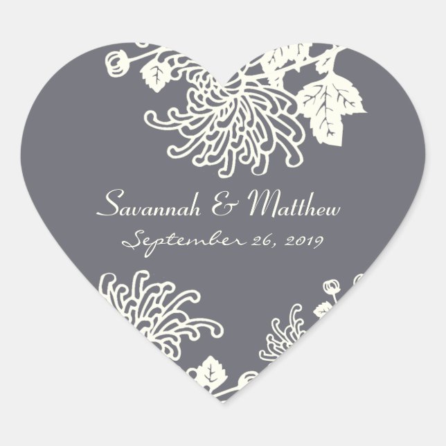 Charcoal Gray Vintage Flowers Wedding Heart Seal (Front)