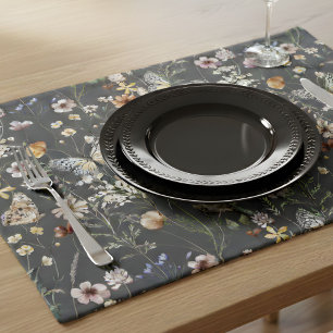 Charcoal Gray Watercolor Wildflowers Cloth Placemat