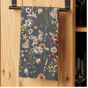 Charcoal Gray Watercolor Wildflowers Kitchen Towel