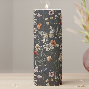 Charcoal Gray Watercolor Wildflowers Pillar Candle
