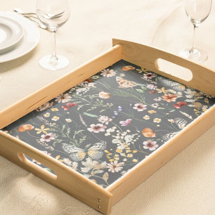 Charcoal Gray Watercolor Wildflowers Serving Tray