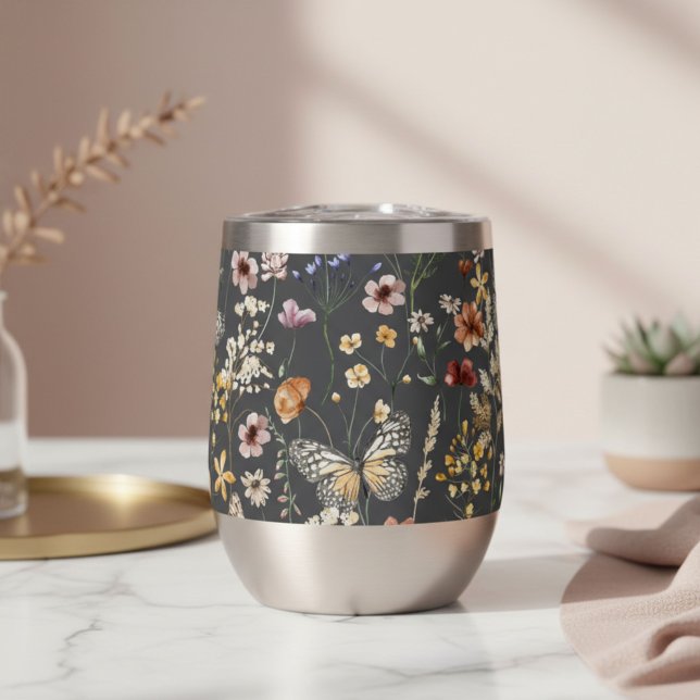 Charcoal Gray Watercolor Wildflowers  Thermal Wine Tumbler (Creator Uploaded)