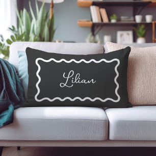 Charcoal Gray Wavy Scallop Frame Monogram Lumbar Pillow