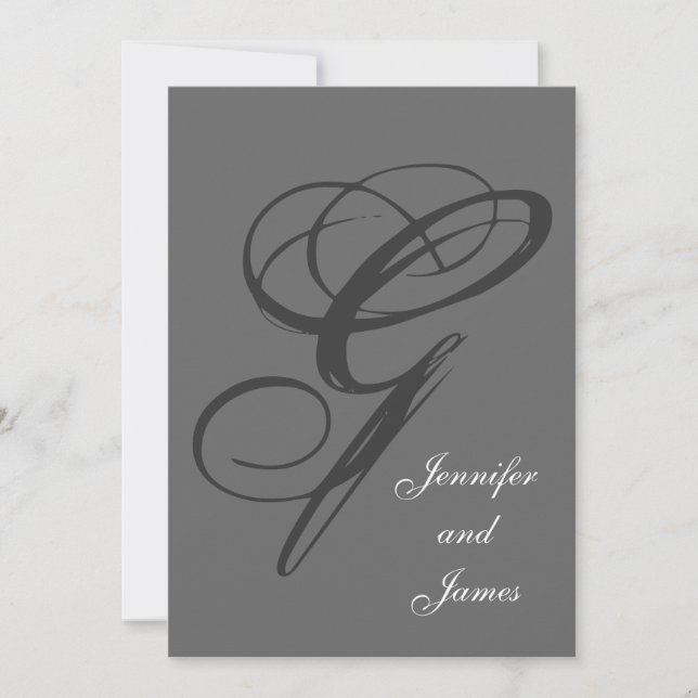Charcoal Gray Wedding Invitation | Fancy Initial G (Front)