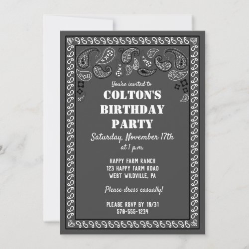 Charcoal Gray Western Bandana Print Birthday Party Invitation