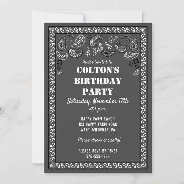 Charcoal Gray Western Bandana Print Birthday Party Invitation (Front)