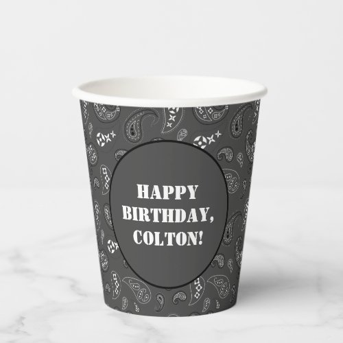 Charcoal Gray Western Bandana Print Birthday Party Paper Cups