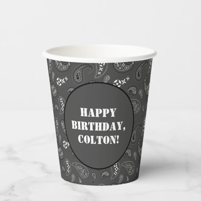 Charcoal Gray Western Bandana Print Birthday Party Paper Cups (Front)