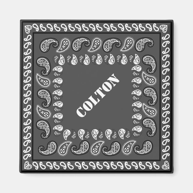 Charcoal Gray Western Paisley Bandana Personalized Magnet (Front)