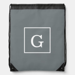 Charcoal Gray White Framed Initial Monogram Drawstring Bag