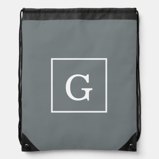 Charcoal Gray White Framed Initial Monogram Drawstring Bag (Front)