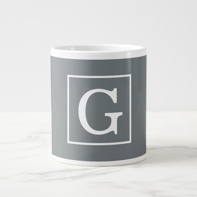 Charcoal Gray White Framed Initial Monogram Giant Coffee Mug (Front)