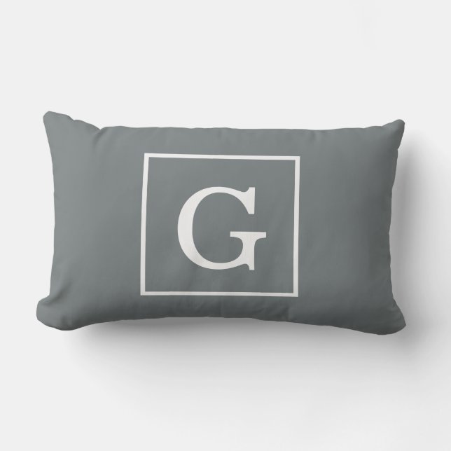Charcoal Gray White Framed Initial Monogram Lumbar Pillow (Front)
