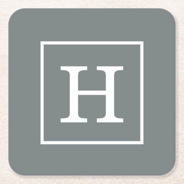 Charcoal Gray White Framed Initial Monogram Square Paper Coaster (Front)