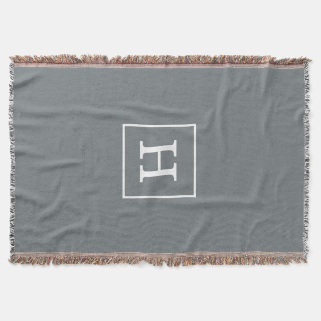 Charcoal Gray White Framed Initial Monogram Throw Blanket (Front)