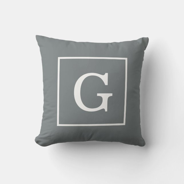 Charcoal Gray White Framed Initial Monogram Throw Pillow (Front)