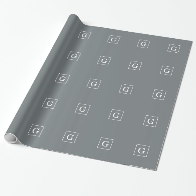 Charcoal Gray White Framed Initial Monogram Wrapping Paper (Unrolled)