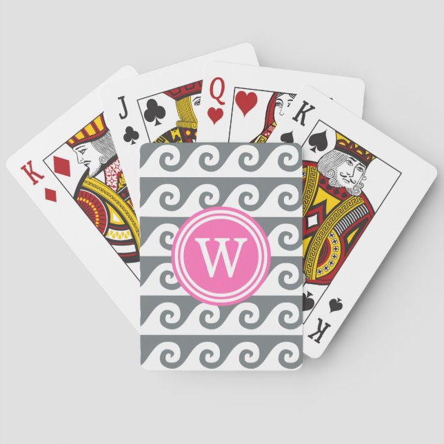Charcoal Gray White GK Waves 2x1I Hot Pink Round Poker Cards (Back)
