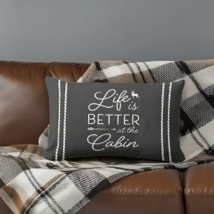Charcoal Gray & White Life Is Better At The Cabin Lumbar Pillow