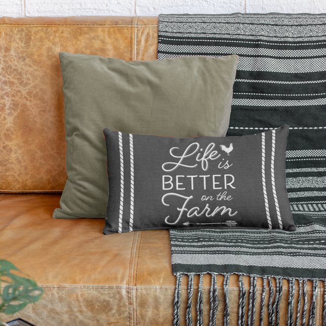 Charcoal Gray & White Life Is Better On The Farm Lumbar Pillow (Creator Uploaded)