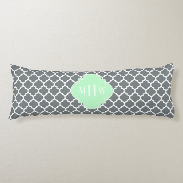Charcoal Gray White Moroccan #5 Mint Name Monogram Body Pillow (Front)