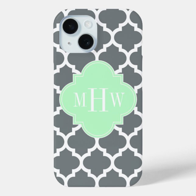 Charcoal Gray White Moroccan #5 Mint Name Monogram Case-Mate iPhone Case (Back)