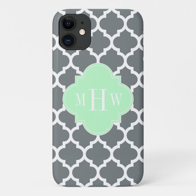 Charcoal Gray White Moroccan #5 Mint Name Monogram Case-Mate iPhone Case (Back)