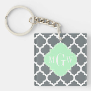 Charcoal Gray White Moroccan #5 Mint Name Monogram Keychain