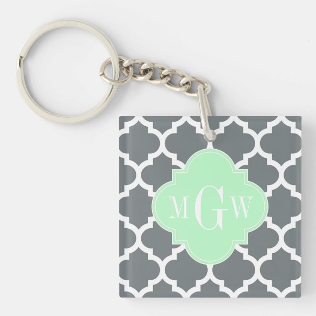 Charcoal Gray White Moroccan #5 Mint Name Monogram Keychain (Front)