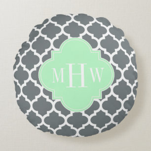 Charcoal Gray White Moroccan #5 Mint Name Monogram Round Pillow