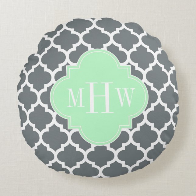 Charcoal Gray White Moroccan #5 Mint Name Monogram Round Pillow (Front)