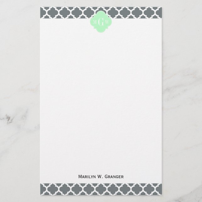 Charcoal Gray White Moroccan #5 Mint Name Monogram Stationery (Front)