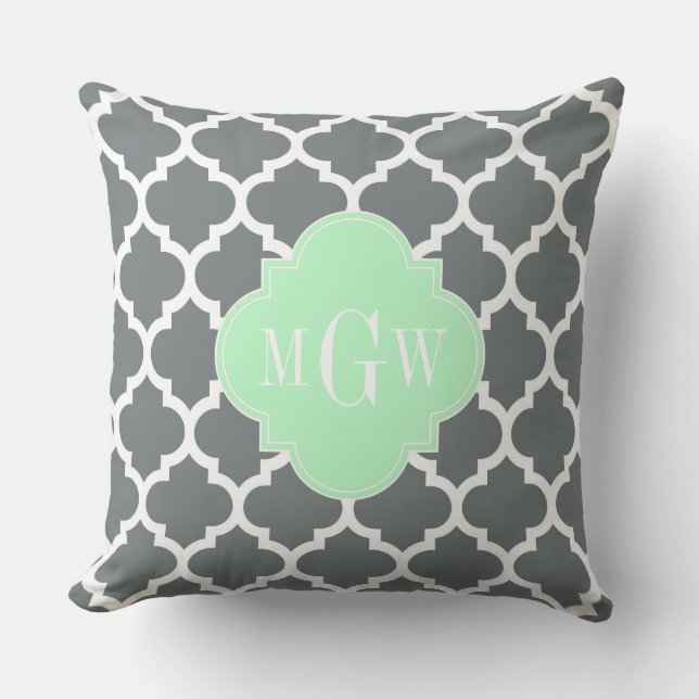 Charcoal Gray White Moroccan #5 Mint Name Monogram Throw Pillow (Front)