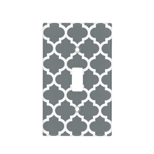 Charcoal Gray White Moroccan Quatrefoil Pattern #5 Light Switch Cover (Front)