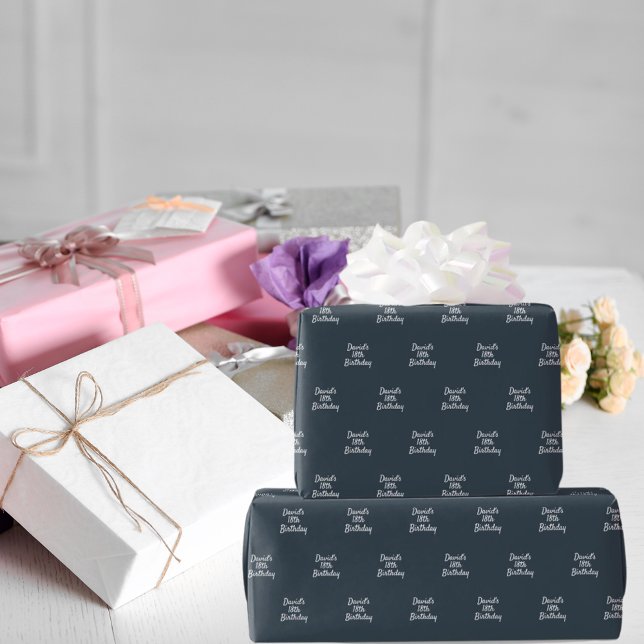 Charcoal gray white name script wrapping paper (Creator Uploaded)