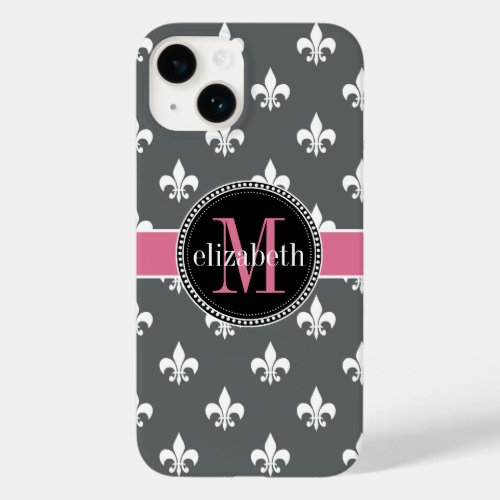 Charcoal Gray White Pink Fleur de Lis Monogram Case_Mate iPhone 14 Case