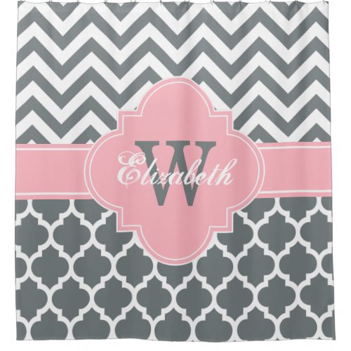 Charcoal Gray White Pink Moroccan 5 Chevron 1IQRN Shower Curtain