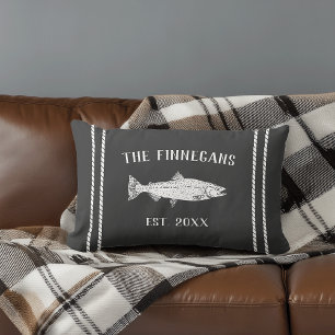 Charcoal Gray & White Rustic Fish Personalized Lumbar Pillow