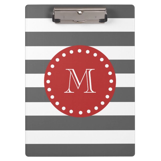 Charcoal Gray White Stripes Pattern, Red Monogram Clipboard (Front)